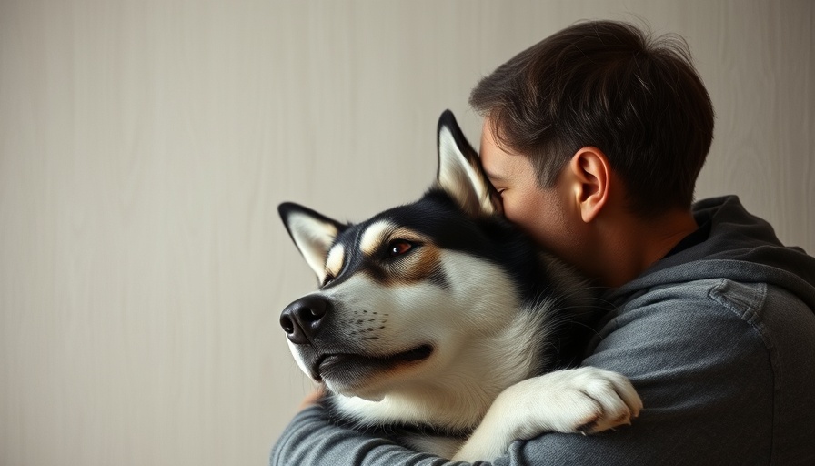 Emotional man with husky, embracing, pet loss support.