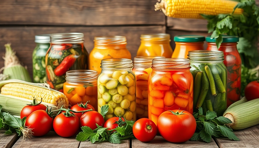 Home food preservation scene with jars and fresh produce on a wooden table.