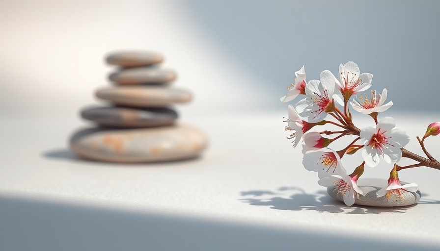 Stepping down in medicine metaphor with balanced stones and blossom.