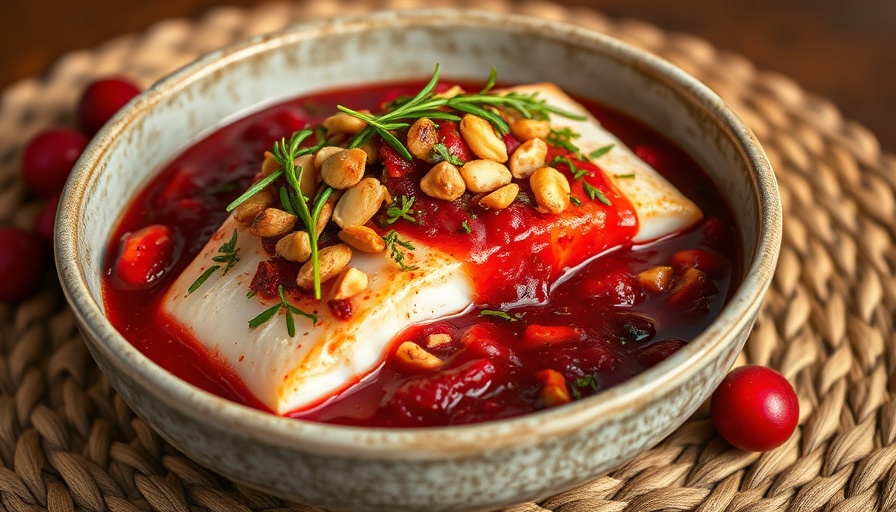 Cranberry poached halibut with herbs and nuts in a bowl.