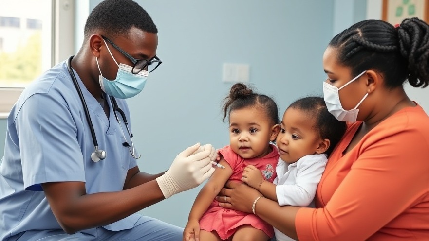 Black medical student administering vaccine to child in community engagement for healthcare.
