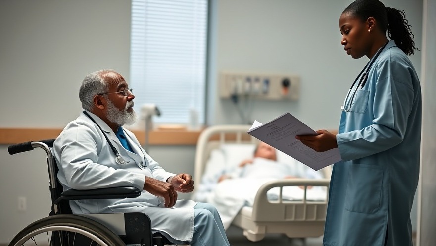 Doctor in wheelchair and Black doctor discuss patient care, highlighting health care diversity.
