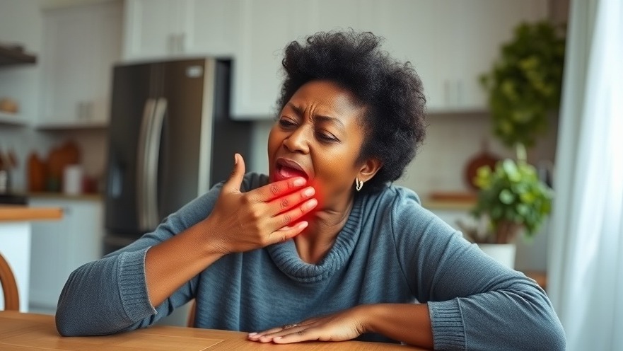 Middle-aged Black woman at kitchen table, indicating mouth pain related to oral hygiene.