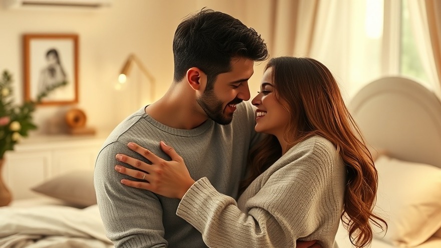 Couple embracing on bed, exploring intimacy in cozy setting.