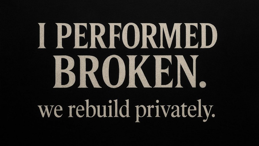 Motivational phrase 'I PERFORMED BROKEN. we rebuild privately.' emphasizing physician leadership in health and wellness.