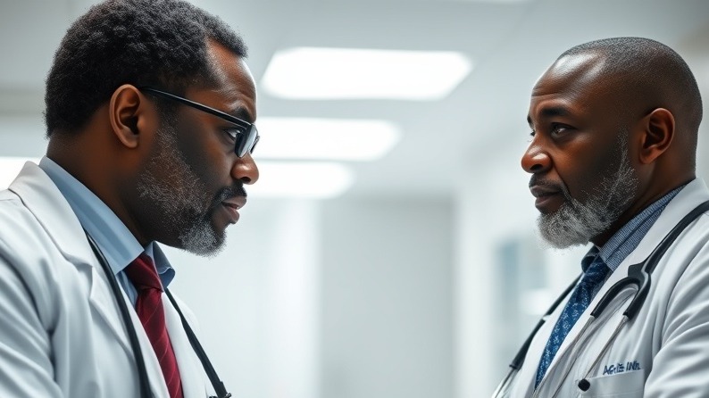 Two black doctors discuss patient care in a bright hospital setting.