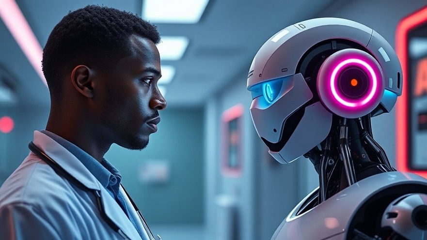Skeptical black male doctor assessing health technology's role in patient data protection.