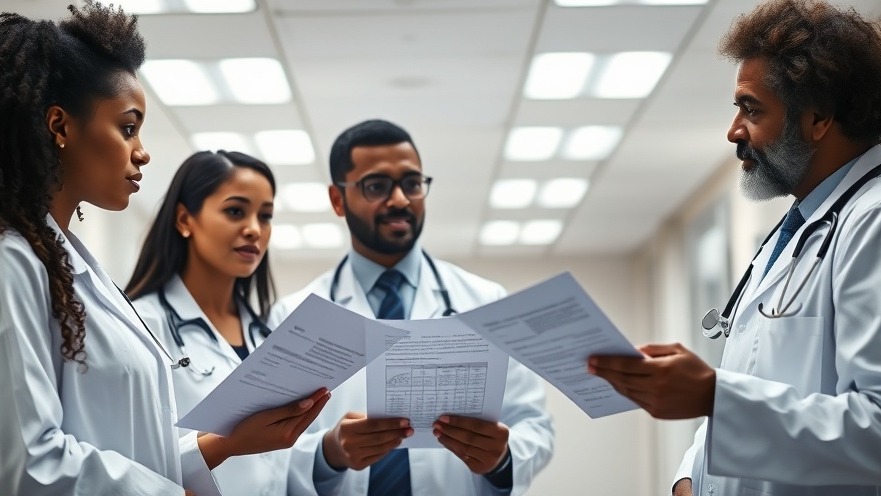 Doctors discussing public health data and health policies in a bright hospital board room.