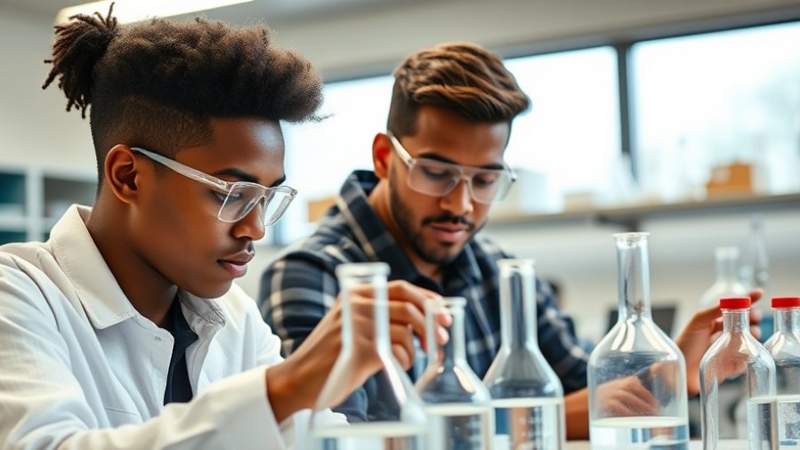 Two young black college students conducting experiments in a chemistry class, highlighting diversity in employment through paid internships.