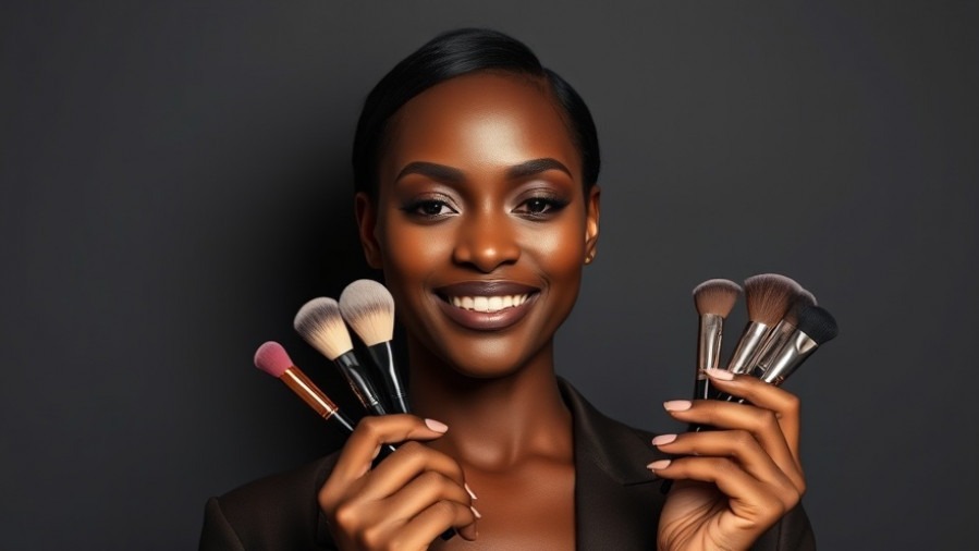 Confident black woman showcasing beauty tips with makeup brushes, elegant style.