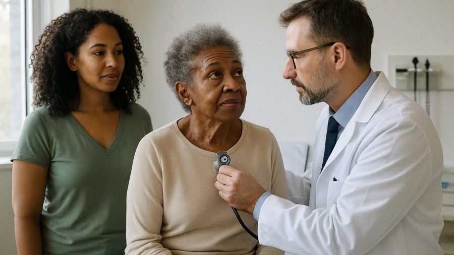 Elderly black woman receiving patient support in a bright medical exam room.