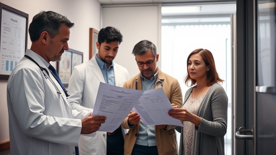 Family in doctor's office reviewing medical costs for health care transparency.
