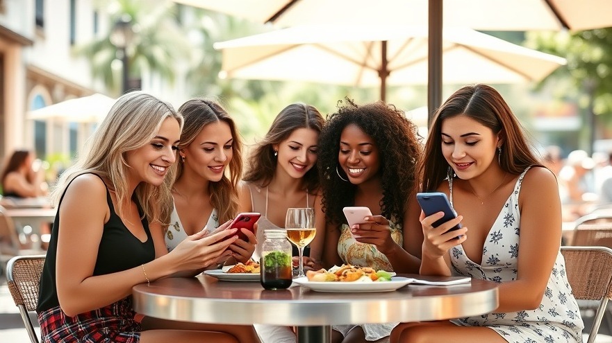 Young women exploring wellness trends on social media at an outdoor cafe.