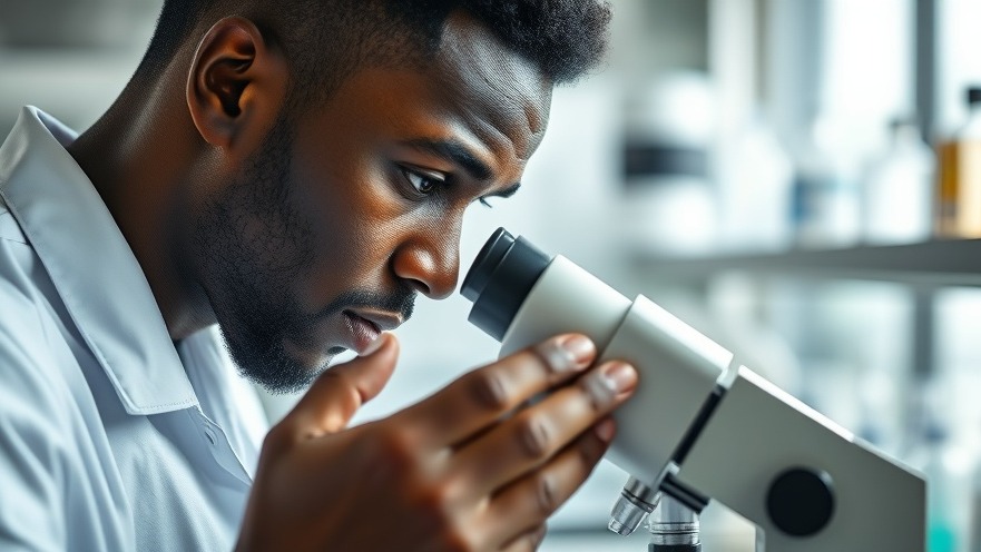 Black male scientist examines a slide, highlighting advances in DLBCL treatment.