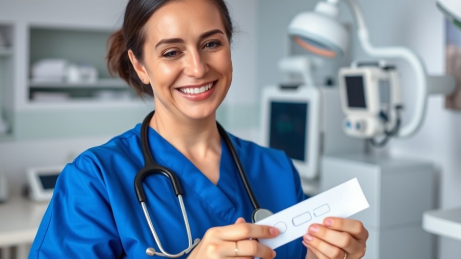 Physician in blue uniform humorously holds pregnancy test, highlighting unnecessary medical tests.