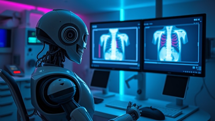 Robot studying X-ray in a futuristic medical office, showcasing Artificial Intelligence in Healthcare.