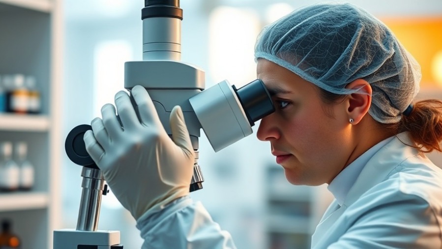 Medical technician using a microscope for modern medical diagnostics in a bright lab.