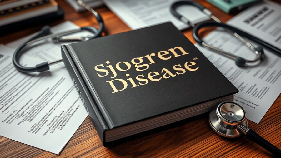 Sjögren's disease therapy book on a wooden desk with medical gear and documents.