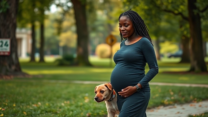Pregnant woman enjoying physical activity for health and wellness with her puppy in a park.