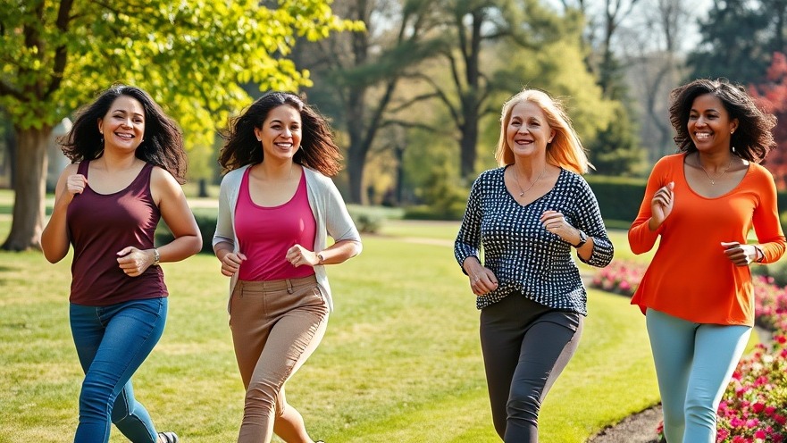 Four diverse women walking in a park, promoting well-being and motivation through exercise.