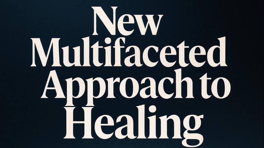 Bold typography on dark blue background reading 'New Multifaceted Approach to Healing' for wellness.