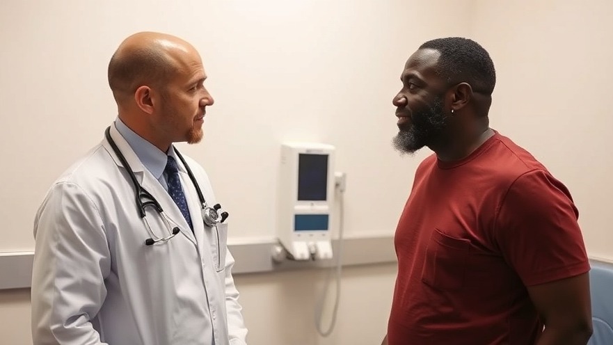 Black man discussing prostate cancer treatment with his doctor in exam room.