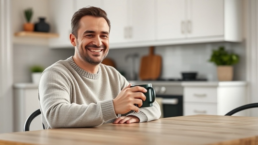 Relaxed man enjoying probiotics benefits for gut health at his minimalist kitchen table.