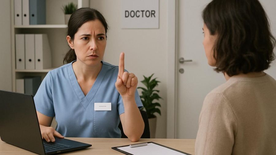 Receptionist blocking patient access, highlighting healthcare navigation challenges.