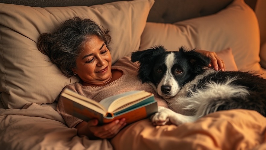 Middle-aged woman enjoying reading in bed, promoting magnesium for sleep with her dog.
