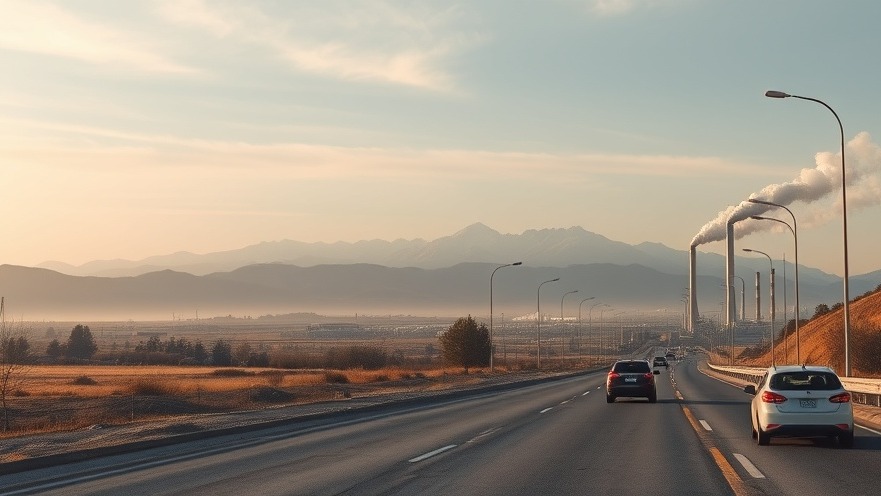 Photorealistic view of a low mountain range with smoke stacks by a highway, highlighting air quality and health risks.