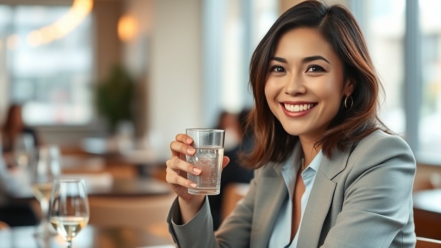 Businesswoman enjoying hydrogen water, promoting wellness and hydration benefits.
