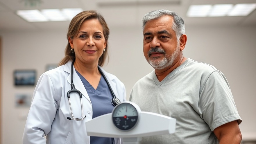 Hispanic nurse assists overweight patient with weight loss strategies at medical office.