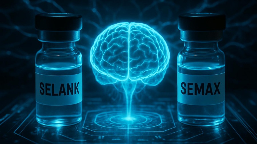 Selank vs Semax vials and brain in futuristic design