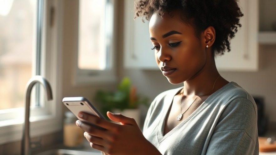 Young black female researching health and wellness trends on her phone in a bright kitchen.
