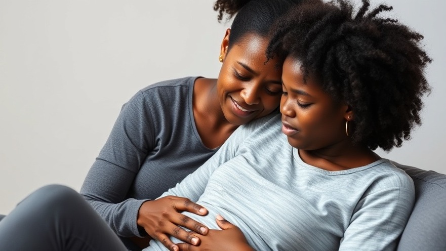 A black mother comforts her daughter, emphasizing menstrual health and healthcare access.
