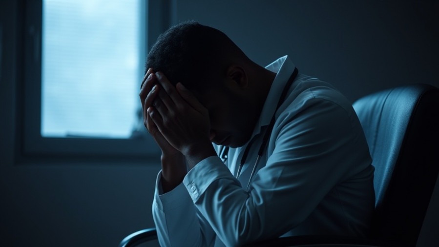 Black doctor in a dimly lit room, overwhelmed, representing physician wellness and overcoming burnout.