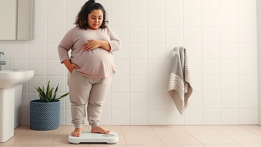 Slightly overweight Latino woman in sweats on bathroom scale for health lifestyle.