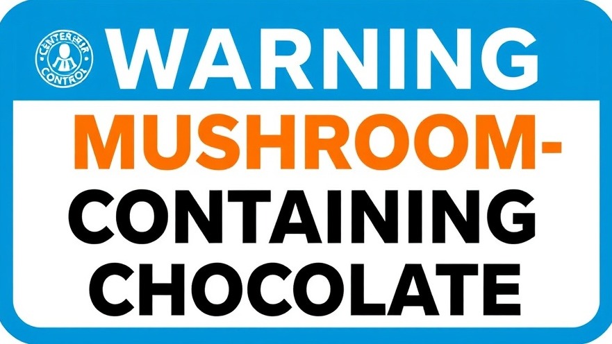 Bright graphic logo warning about psychoactive chocolate products and health risks.