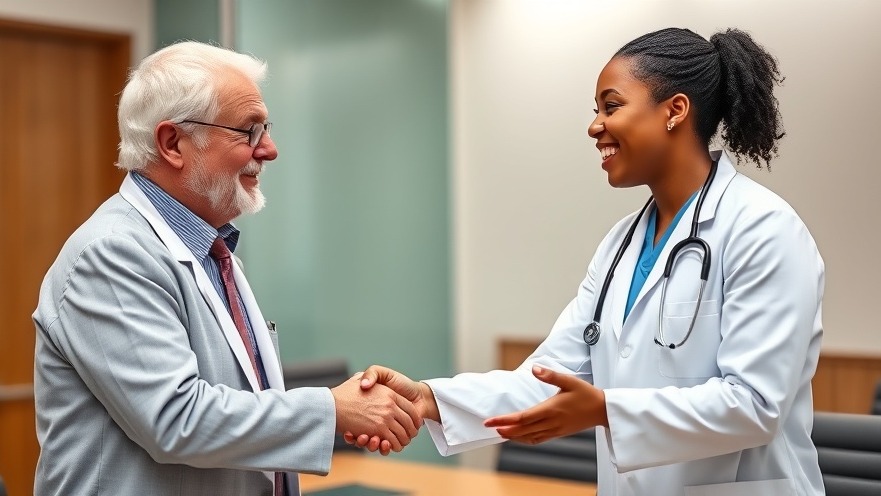 Senior white doctor congratulating young black female doctor, promoting diversity in healthcare