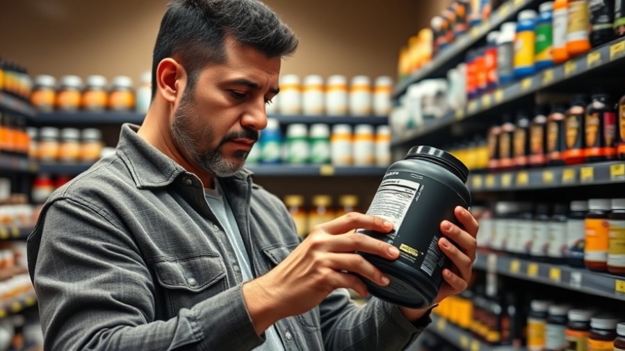 Middle-aged Hispanic man reading protein powder label in health food store.