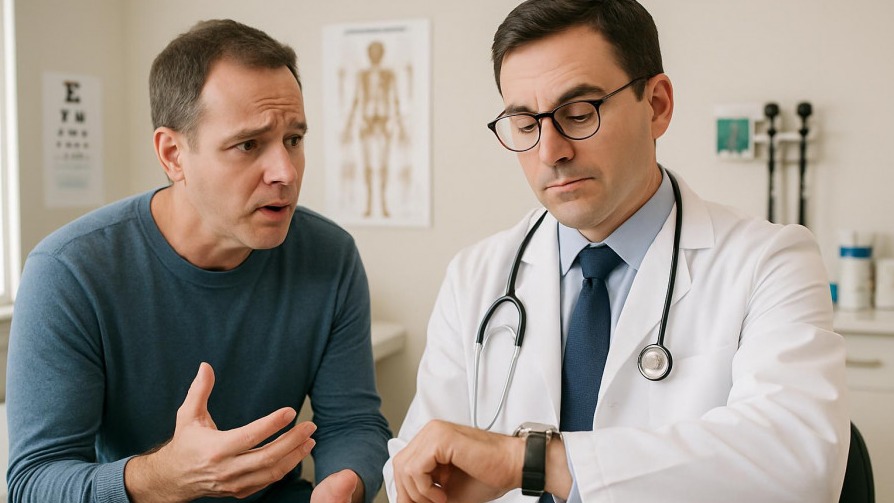 Doctor distracted by watch as patient expresses worries about healthcare inefficiencies.