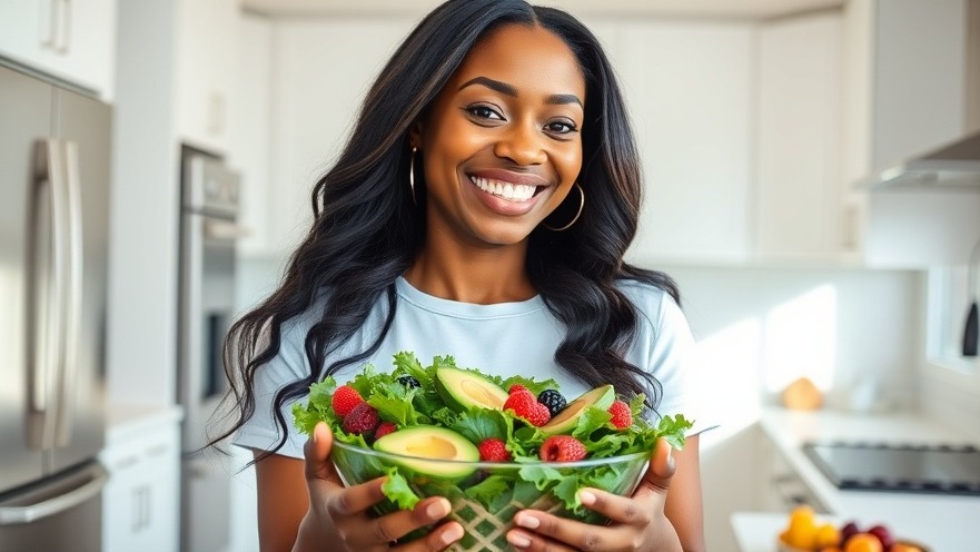 Cheerful woman holding a kale salad, showcasing healthy meal ideas with nutrient-dense foods.