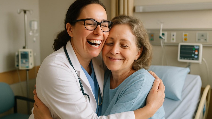 Joyful medical professional and relieved patient embracing in a healthcare setting, symbolizing trust in healthcare and patient care.
