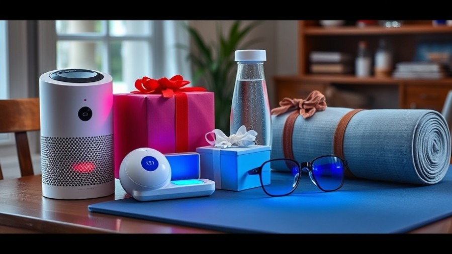 Wellness gift ideas featuring air purifier, water filter, and biohacking tools on wooden table.