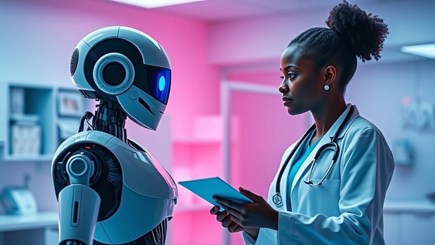 Robot and black female doctor discuss patient care in a futuristic medical office.