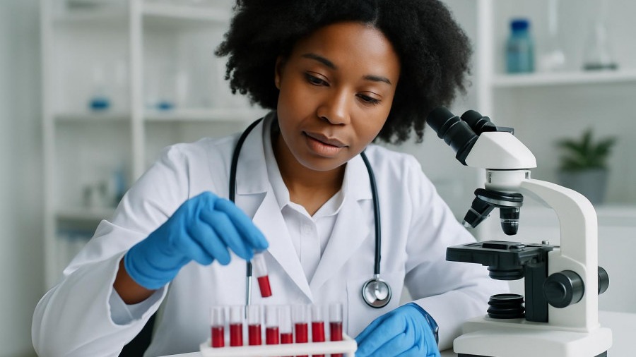 Black female doctor studying insulin resistance in lab with test tubes and microscope