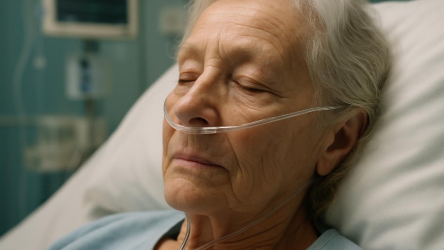 Elderly woman receiving oxygen therapy, highlighting the importance of health information on respiratory viruses.