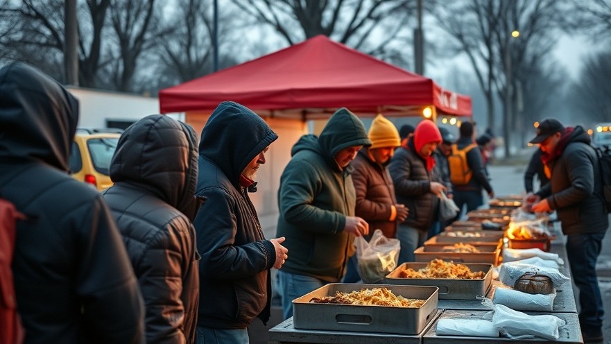People in food line supporting mental health and community wellness for the homeless.