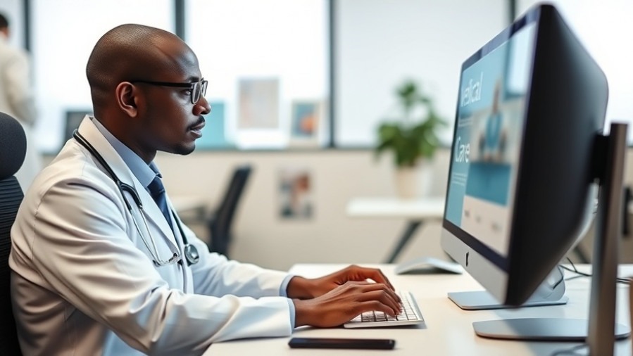 Black male doctor typing on a computer, exploring health equity and policy impact.