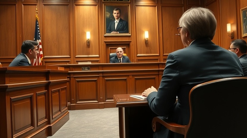 Courtroom scene depicting legal proceedings about health and medical errors.